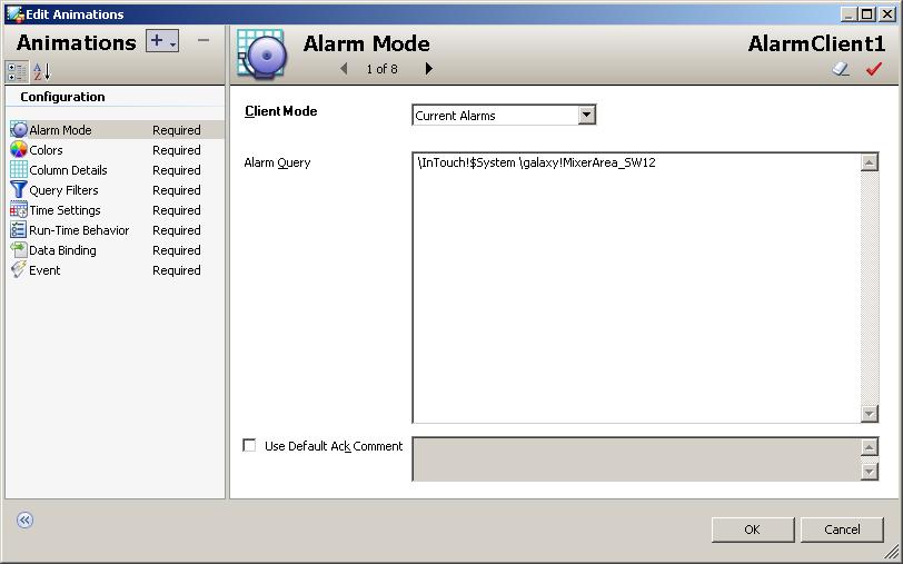26 Chapter 2 Configuring the Alarm Control To show current alarms 1 Double-click the Alarm Control on the canvas. The Edit Animations dialog box appears. 2 If necessary, click Alarm Mode.