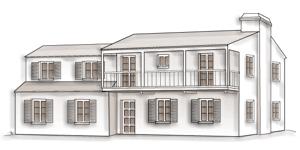 Architectural Style Example: Monterey Style drawing from REALTOR Magazine, National