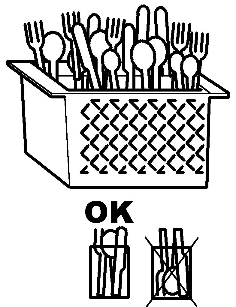 Place the dishes in the proper basket with support pins and their inner surface must be facing up. Place the silverware and the coffee spoons with the handles facing down.