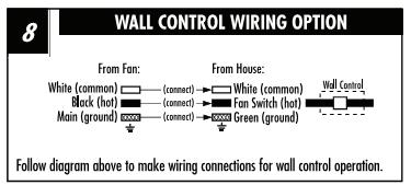 With bracket holding the fan assembly, make the electrical connections using the following wiring