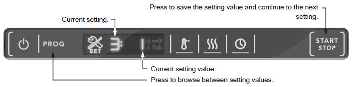 Settings Do as follows to open the settings menu: 1. First, open the door. Turn off the glassware washer using the main power switch (press and hold).