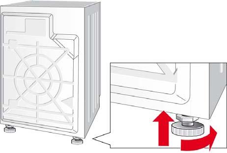 The washer-dryer must not rest against the sides of the installation recess. The lock nuts of the front appliance feet must be screwed tightly against the housing.
