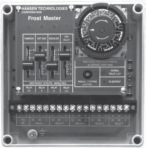 FROST MASTER DEFROST CONTROLLER NEMA ENCLOSURE TIME-OF-DAY AT ARROWHEAD LIGHTS FOR DEFROST STEPS QUARTZ TIME CLOCK (2 HOUR OR 7-DAY) DEFROST STEPS TIME ADJUSTMENTS TIME CLOCK TABS OPTIONAL INITIATE