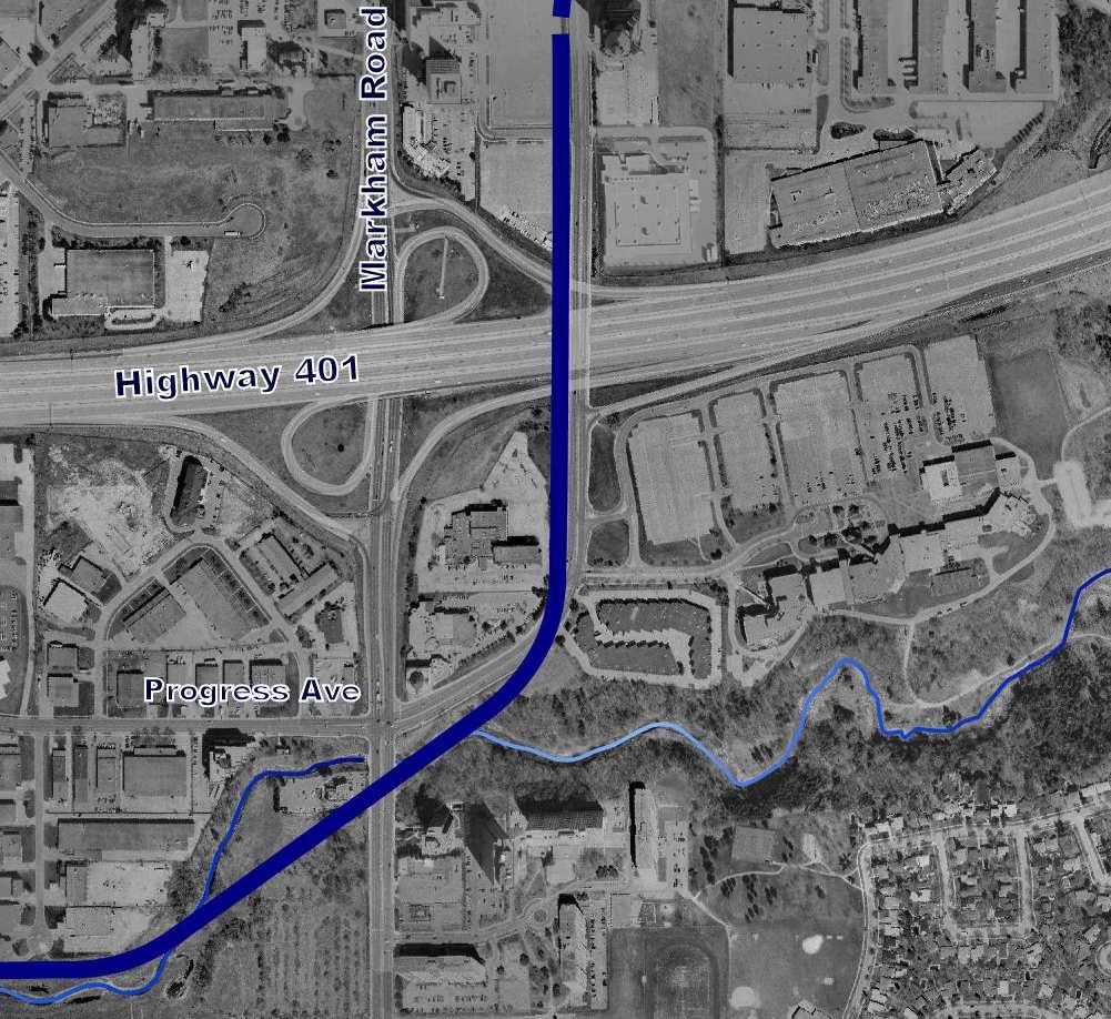 alignment through Centennial Station would be higher than, and would partially overhang, the current Progress Avenue bridge over Highway 401.
