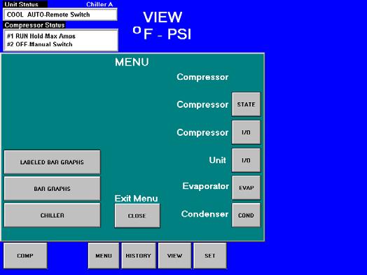 In Figure 25, for example, the Compressor State Information is shown to the right of the screen. Bar graphs with labels can be viewed by pressing the LABELED BAR GRAPHS button on the View Menu Screen.