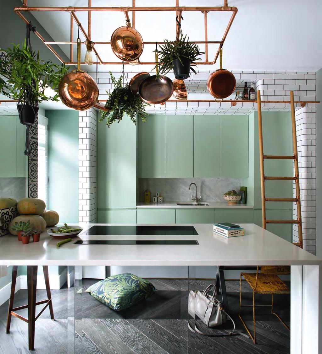INTERIOR DESIGNER Kitchen SEE GREEN A clever mix of materials gives this Hackney kitchen a fresh feel, from the Mint green painted cabinets to the mirror-clad island Roisín Lafferty transforms a
