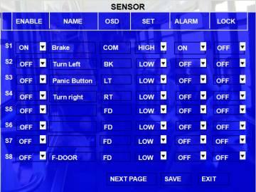 1.4.2 I/O Sensor Testing Please enter into the MDVR GUI and select the function Sensor (Setup Event Sensor). Select "ON or OFF for enable option. Define the name according to sensor connected.