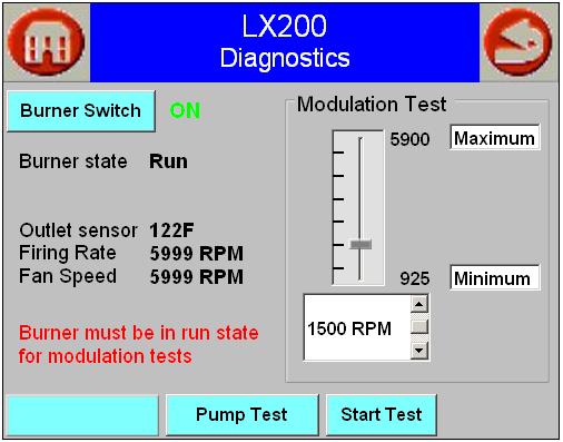 The Modulation Test page allows the installer to test burner operation and combustion at a given firing rate (E.g. minimum and maximum). Touching the START TEST button initiates the Modulation Test.
