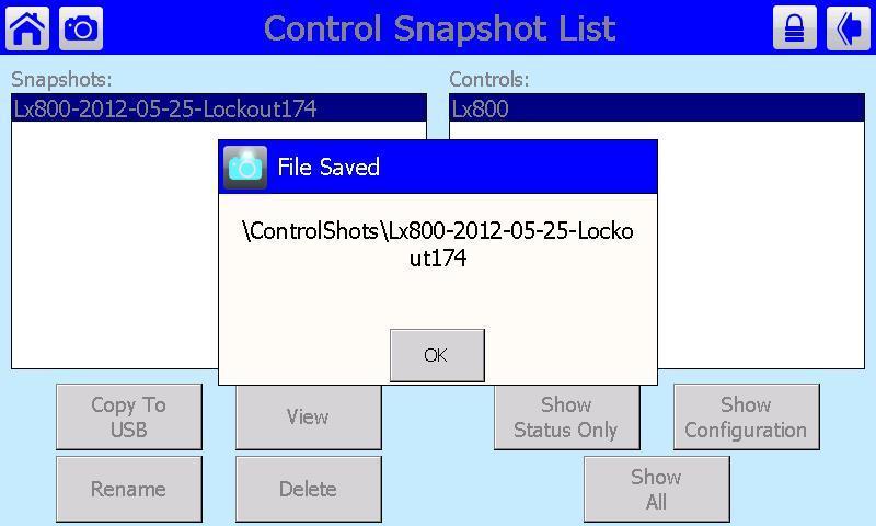 Touch the Save button to store the data to a file that can be viewed and further copied to a USB mass storage device.