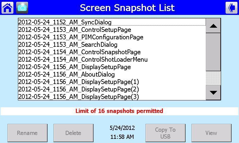 Trinity Controller and Touchscreen Display Tft/Lx Series Screen Snapshot Figure 9-13 Screen Snapshot List The Screen Snapshot button is used to access the list of screen images stored in the