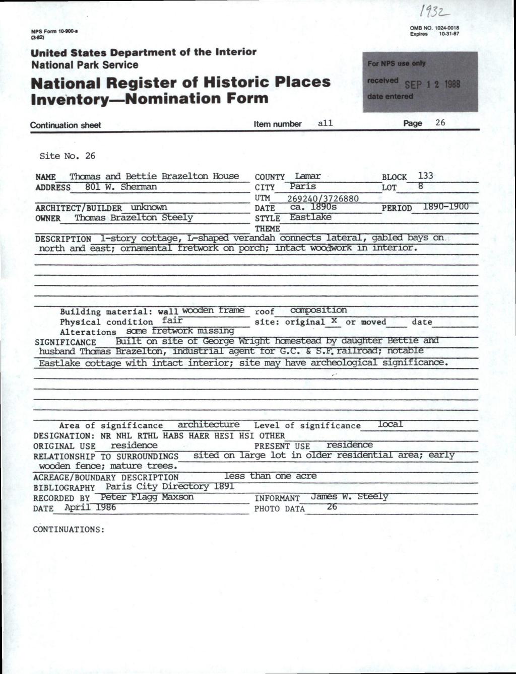 NPS Fontl 10-900-1 OMB NO 1024-0018 Expires 10-31-87 United States Department of the Interior National Paric Service National Register of Historic Places Inventory Nomination Form Continuation sheet