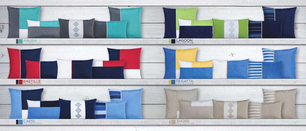 64 65 Designer Accent Pillows Six collections of custom designed color block accent pillows, hand crafted from select combinations of solution-dyed Sunbrella acrylic fabric.
