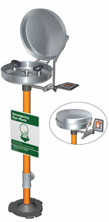 Two large FS-Plus spray-type outlet heads deliver a flood of water for rinsing eyes and face. Bowl: Stainless steel bowl with cover. Cover is raised automatically when flag handle is activated.