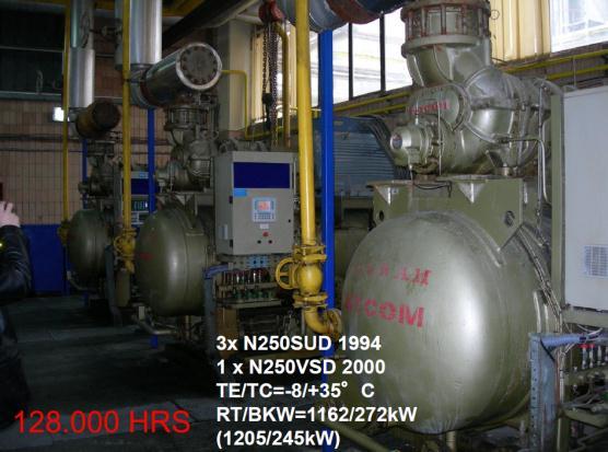 Four ammonia screw compressors are installed with capacities and