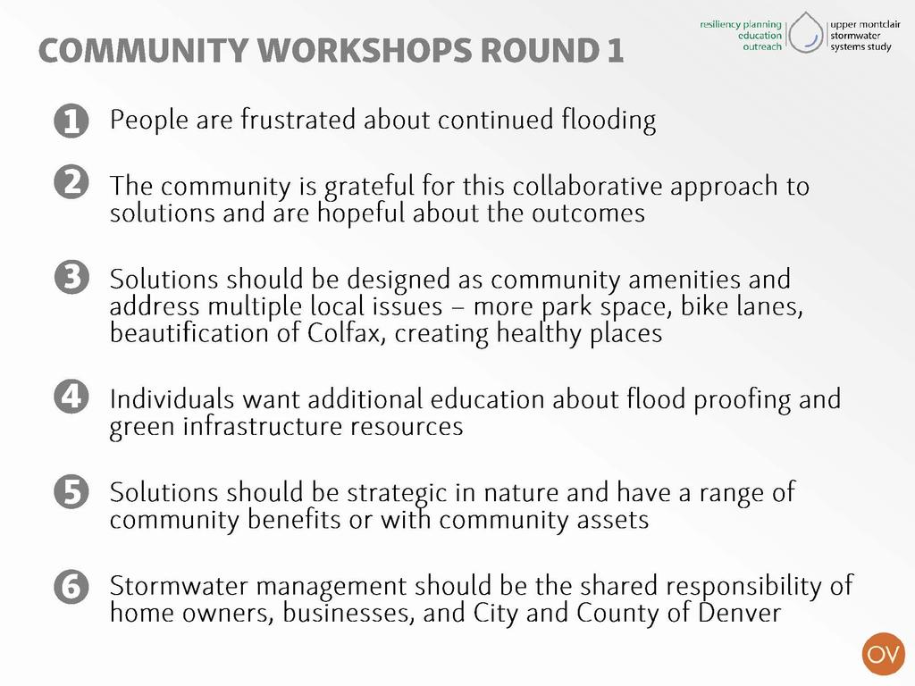COMMUNITY WORKSHOPS ROUND 1 plann~ng 10 ontdair resiliency I upper m education J stormwatcr 0 People are frustrated about continued flooding 6 The community is grateful for this collaborative
