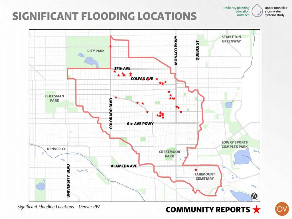 SIGNIFICANT FLOODING LOCATIONS 10 resiliency planning Iupper montclair education.,/ stormwater STAPLETON GREENWAY CHEESMAN PARK CITY PARK m 0 cc a:: 17THAVE **~ i,_.,...,...,,..,..,..._.,. COLFA,1<111/E **t* 1 :.