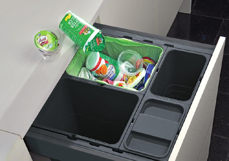 HÄFELE - NOVA PRO SCALA / 09.17 ONE2FIVE INFORMATION WASTE ONE2FIVE WASTE BIN SYSTEM Flexible waste separation designed to sit in a hanging frame mounted on twin wall metal drawer sides.