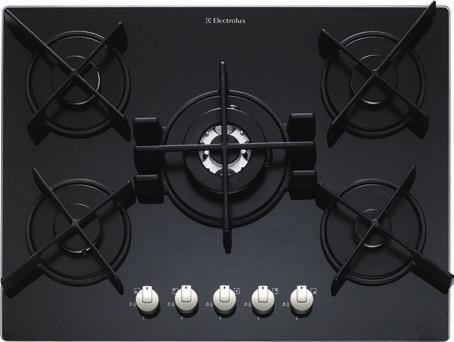 use and convenience Hob features: 75cm gas on glass - easy to use and maintain Front controls - great for left or right handed cooks 5 burners including 4kW triple crown wok burner 3 enamel pan