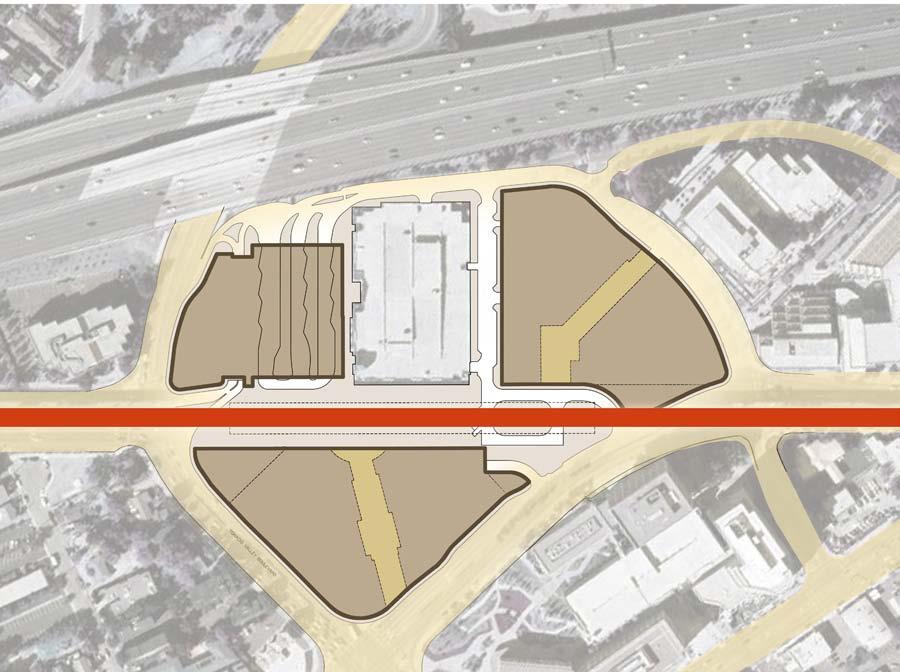 The North and South parcels sit to the west of the BART tracks, whereas the East parcel sits to the east of the tracks and south of the existing BART parking garage.