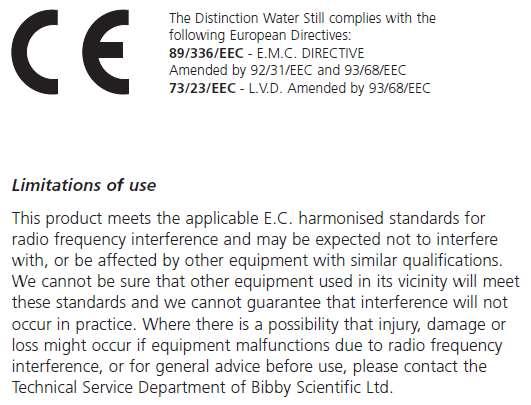 Before Use If the equipment is not used in the manner described in this manual the protection provided by the equipment may be impaired. N.B. The Distinction Water Still is classified as Permanently