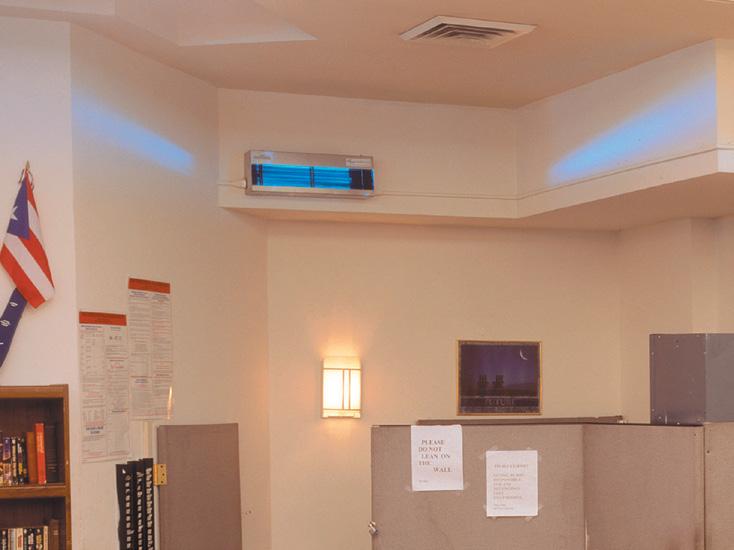 These fixtures are designed to project the ultraviolet rays across the upper room air thereby destroying bacteria and viruses that are carried into the ultraviolet field by convection currents or air