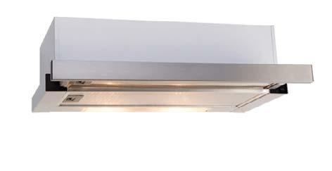 Code EP602SS 60cm Slide Out Rangehood Stainless steel finish front fascia Integrated front panel 2 speed monitor 2 x 40W lights 440m3/hr extraction capacity Dishwasher safe cassette filters