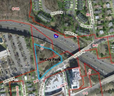 To the west: Potomac Towers Apartment building and associated parking, designated Low-Medium Residential on the GLUP and zoned RA6-15 Figure 1: Aerial View of McCoy Park with Existing Zoning Proposed