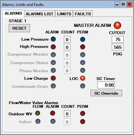 View-->Alarms, Limits and Faults (ALARMS Tab): NOTE: Greyed out Alarms in the PC APP are not applicable to the system setup and are not monitored by the control board.