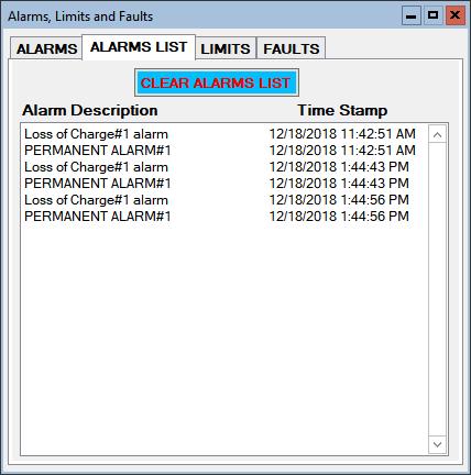 View-->Alarms, Limits and Faults (ALARMS LIST Tab): This tab show a history of alarms that have occurred since the PC