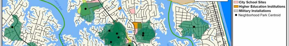 Areas highlighted in green are within a ten minute walk of a park utilizing the City s existing rights-of-way,