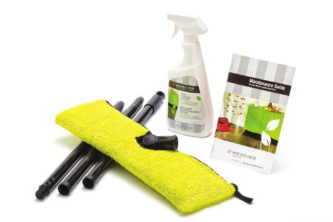 Mercier Maintenance Products The Mercier maintenance kit contains: 1 resistant swivel mop 1 3-piece handle 1 brand new easy-to-install, washable and reversible microfiber mop cover 1 bottle of spray