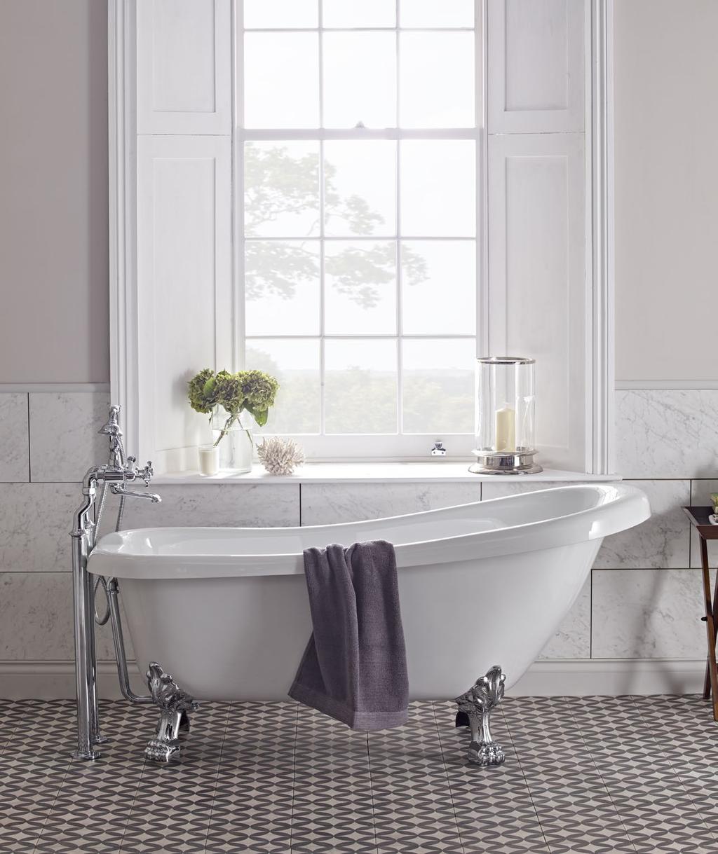 CLAREMONT With its grand styling this stunning freestanding slipper bath is available in two sizes; 1550 and 1700.