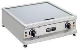 111370 Dimension 900 600 200 mm Griddle area 840 540 mm Connected load 9 kw, 3 400 VAC, 50/60 Hz Plug CEE 16 or Type 25 Slim and practical MS-G-50 hard chrome griddle plate 50 70 cm with 2 heating