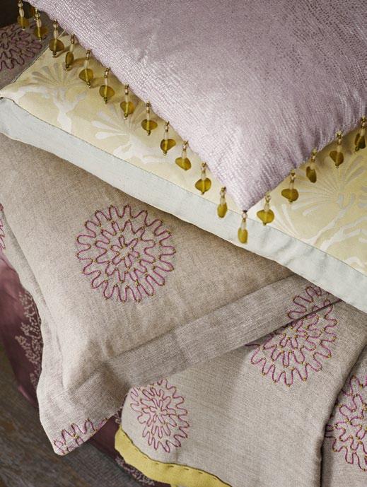 BELOW CUSHION STACK FROM TOP Thea 232992 with Drop Bead Fringe 232242, Keros 232979 with sides in Lyric DLYRLY312, Delphi 232973 THROW Delphi 232973 trimmed with Ruskin 231410 DAYBED (just seen)
