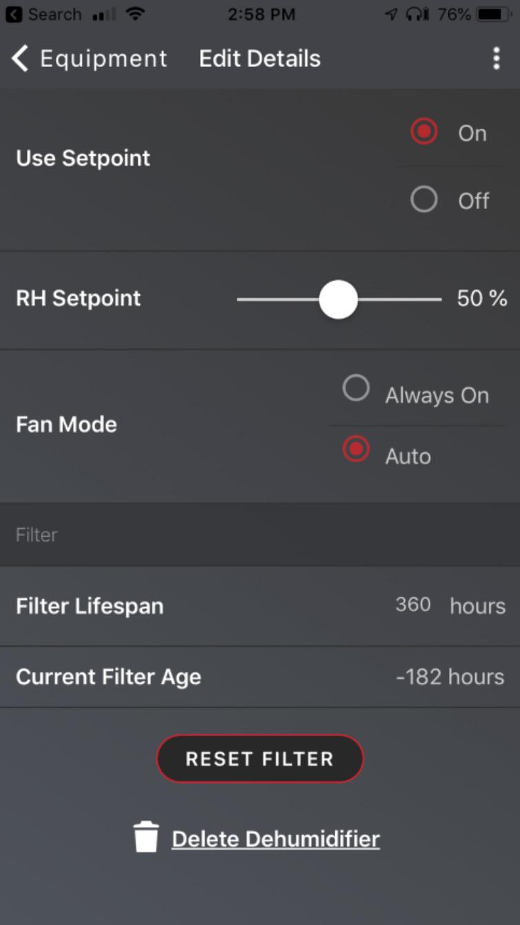 EQUIPMENT SECTION DETAILS Resetting the filter will return the Current Filter Age to
