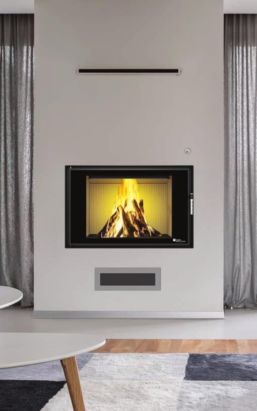 LOUIS PANORAMA AQUA PELLET AND WOOD fireplace with water jacket and automatic firing up and dosing. Catalogue No.