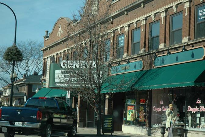 Mixed Use Commercial and Theater Downtown Geneva Awnings, sign frieze, lighting
