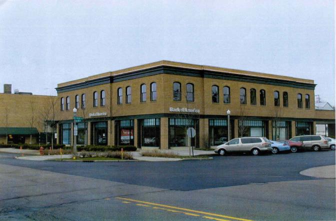 Bank of America Lake Forest All brick structure Defined cornice line Display windows ground floor,