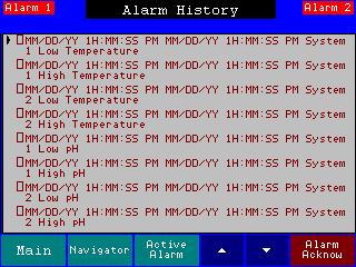 2.17) Alarm History Screen 2.17.1) Purpose: This screen provides a historical list of the previous 100 alarms. 2.17.2) Message Displays: The following messages will be displayed on this screen. 2.17.2.1) : Indicates there is a current active alarm on System #1.