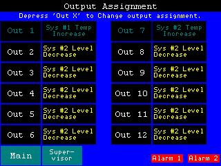 2.23.2) Pump Assignment Displays: Each of the possible six pumps can be assigned to one of the control output functions. Use the individual pump touch cells to increment the pumps assignment.