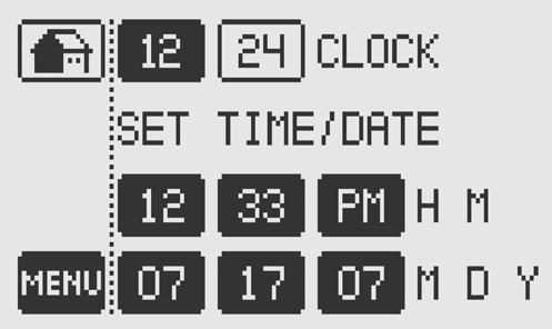 DATE AND TIME SETTINGS Select the 12 OR 24 HOUR CLOCK display by pushing the corresponding button.