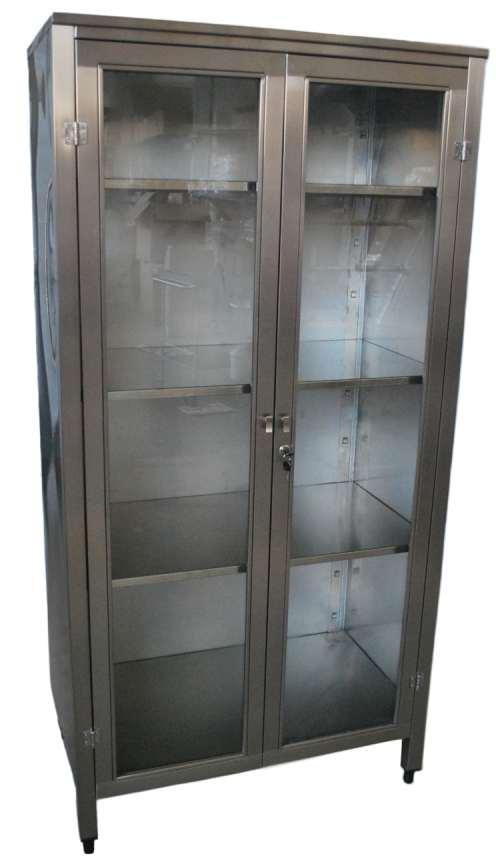 Wheels are demountable and changable INSTRUMENT - DRUG CUPBOARD Dimensions : 900 x 500 x 1800 mm Used for storing instruments and medicine via its glassed and locked doors Hinged and