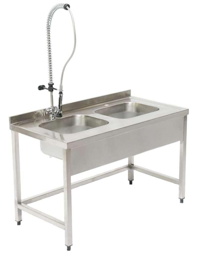 INSTRUMENT WASHING TABLE WITH DOUBLE SINK Dimensions : 1400 x 600 x 850 mm Upper table is produced from 1.5 mm thick stainless steel and as lowered Sinks are produced from 1.