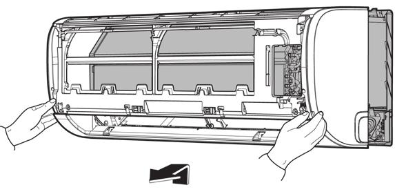 Procedure Illustration 11) Pull out the panel frame while pushing the hook through a clearance between the panel frame and the heat exchanger