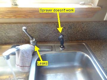 1. Sink Kitchen faucet leaked and sprayer didn't