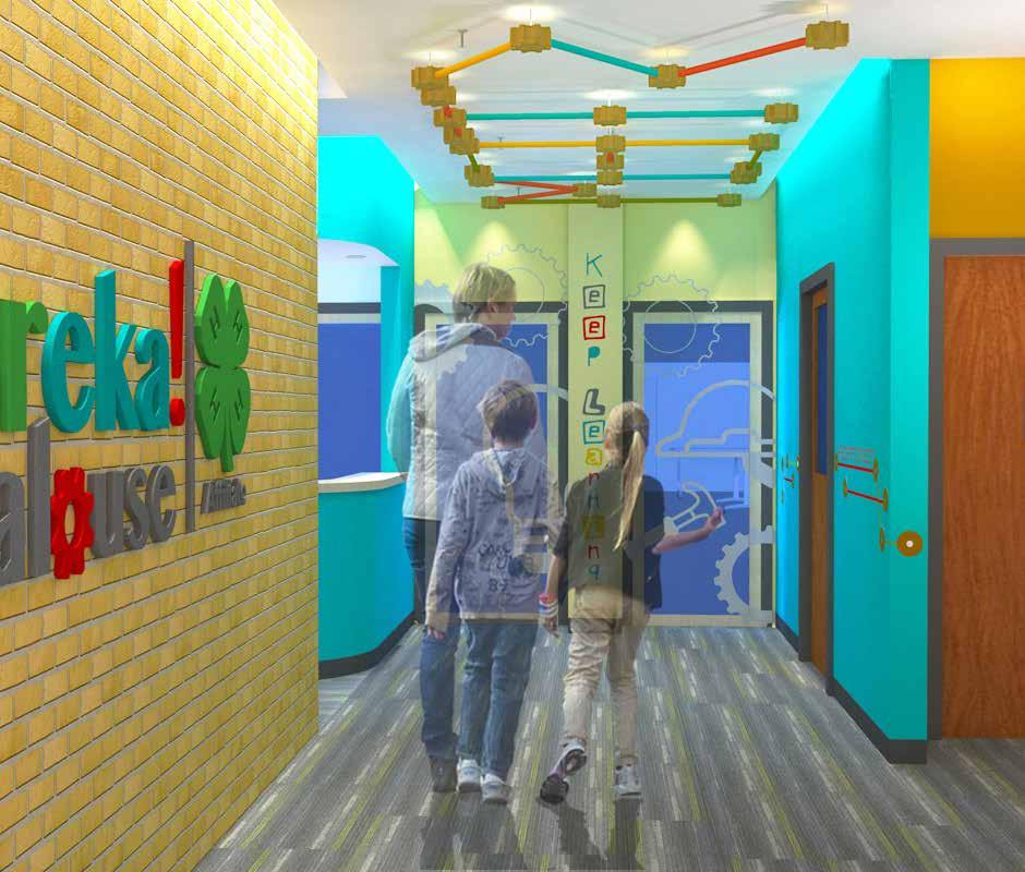 DESIGN CONCEPT WAYFINDING ENTRANCE AND EXIT Along the hallway, the lighting effects, the graphics on the Tinker Toy inspiration Graphic design and way-finding Eureka logo and Palouse landscape Color