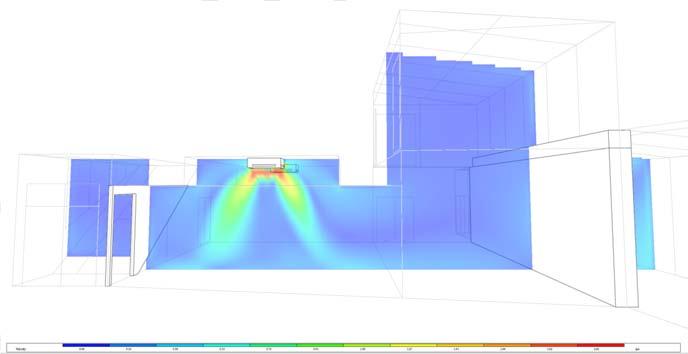 CFD air velocity x- plane section of building at 15:30 on 27 th July: Air velocities within the space are shown below.