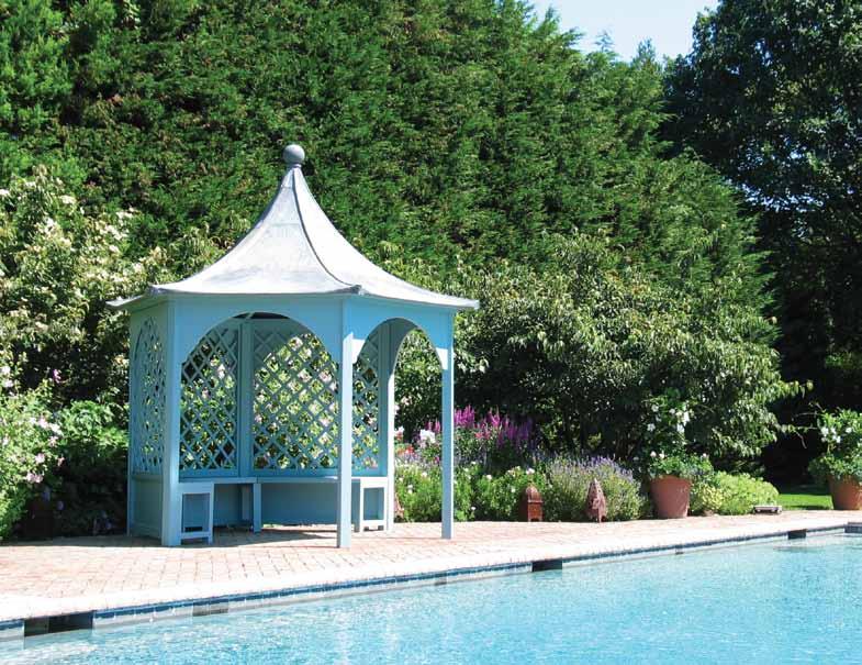 HOLKHAM GAZEBO Holkham Gazebo (2400) With Cathedral Roof, Colour Ballater H exagonal in shape, featuring three open sides and three trellised or solid sides, the Holkham Gazebo is ideal to tuck away