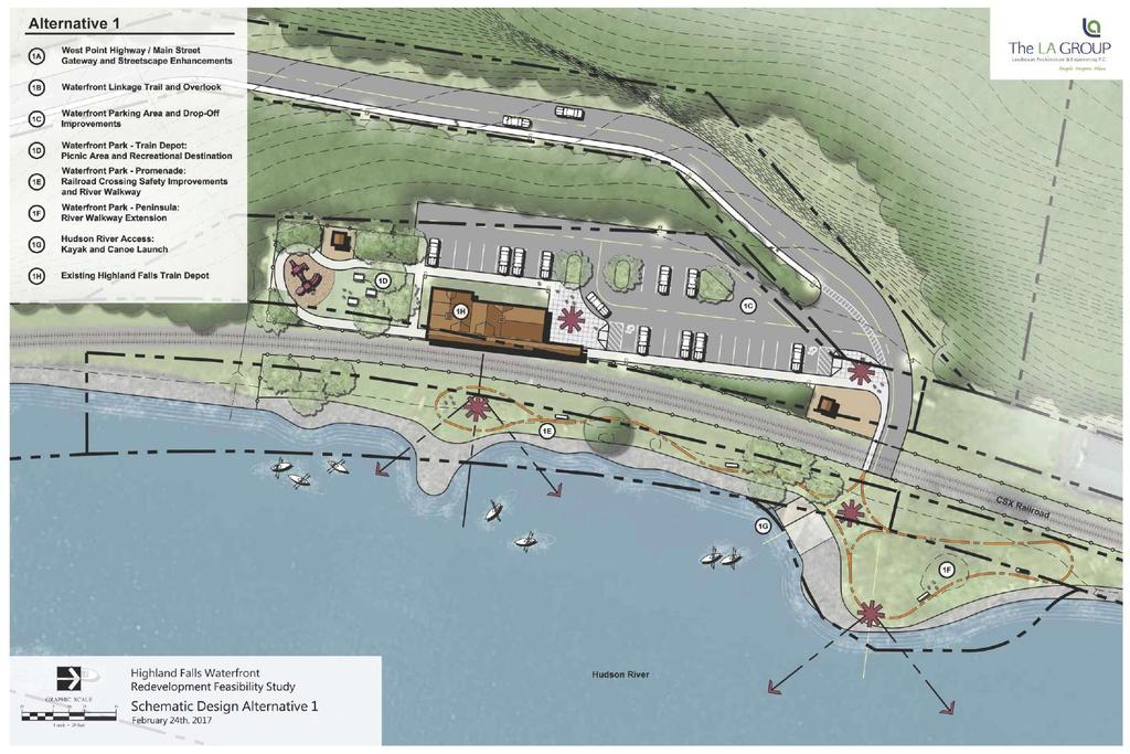 1C: Waterfront Parking Area and Drop-Off Improvements Formalize the existing parking area and provide opportunity for continuous drive-through circulation.