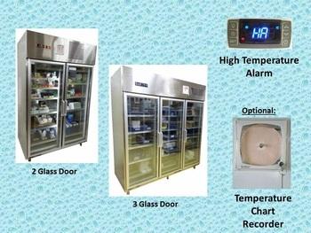 LABORATORY CHILLER Type Pharmaceutical Stainless steel finishing Type: 1 Glass Door Dimension: 620mmW x 790mmD x 2080mmH Total Capacity: 450 litres Accessories: 5 pcs stainless steel shelves Type: 2